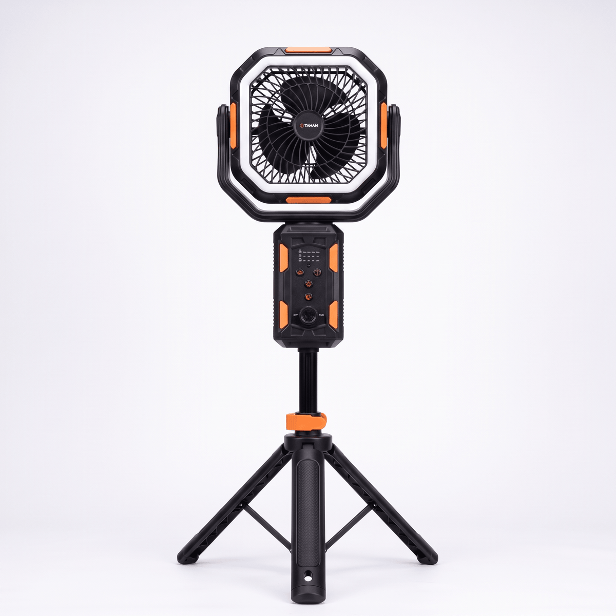 TAHAN Typhoon Pro camping fan with LED light ring mounted on its tripod stand, front view