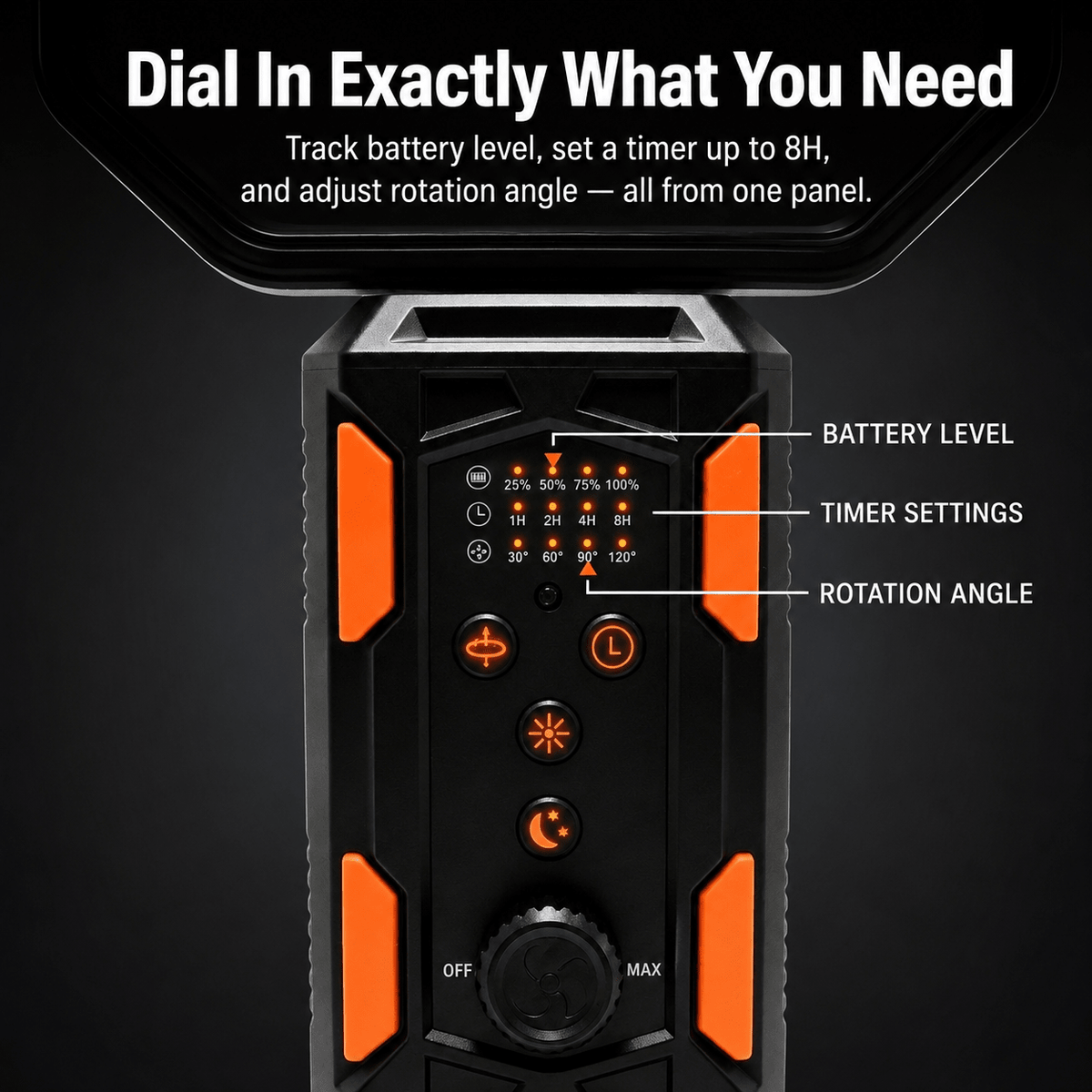 TAHAN Typhoon Pro control panel with battery level, 1H-8H timer settings and rotation angle indicators